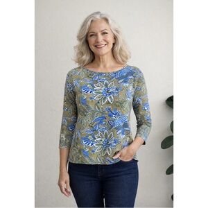 Talbots Boat Neck Top L Vibrant Paisley Floral 3/4 Sleeve Grandmillennial Boho